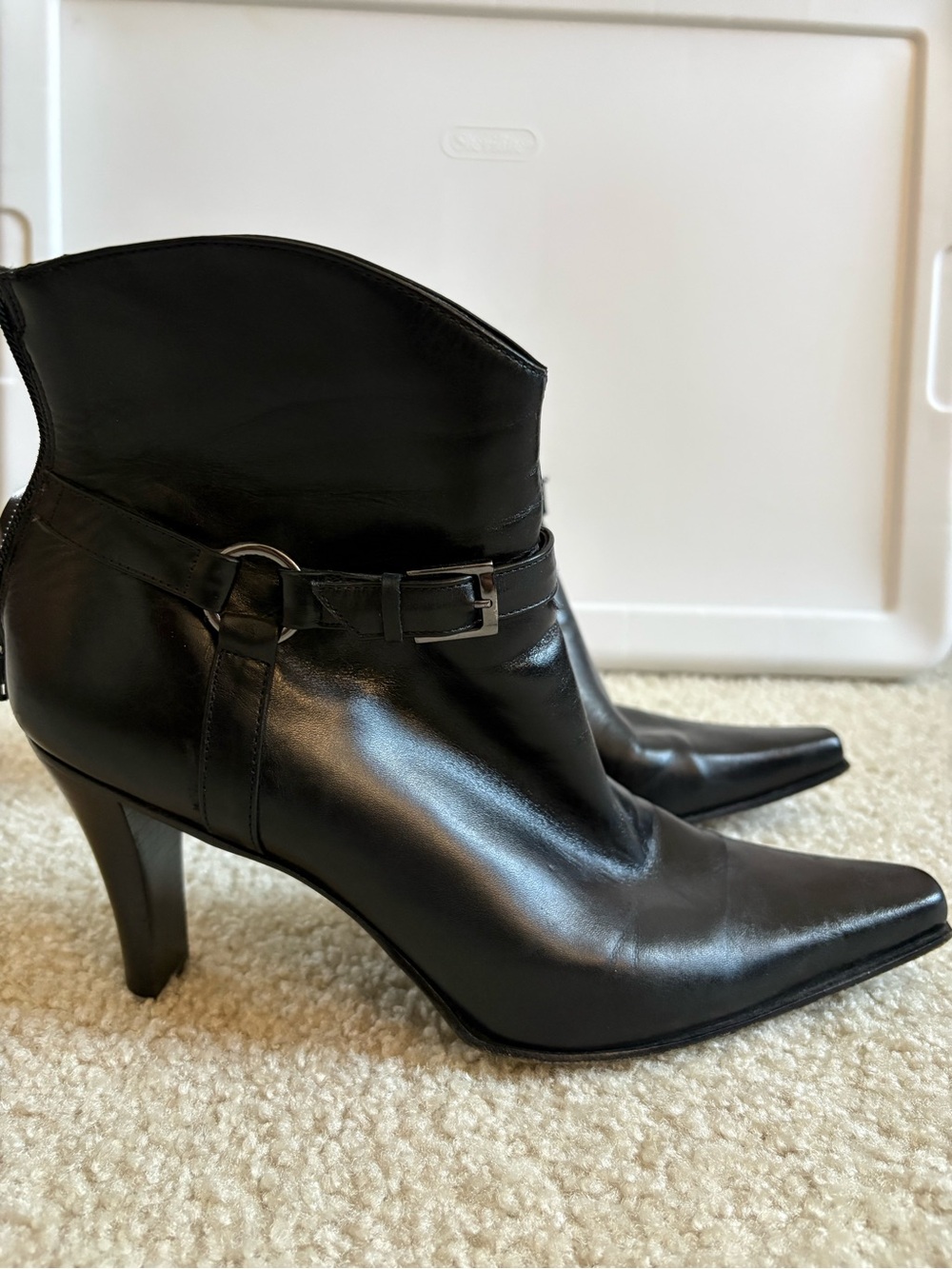 ANTONIO MELANI Black Pointed-Toe Leather Ankle Boots with Buckle Strap